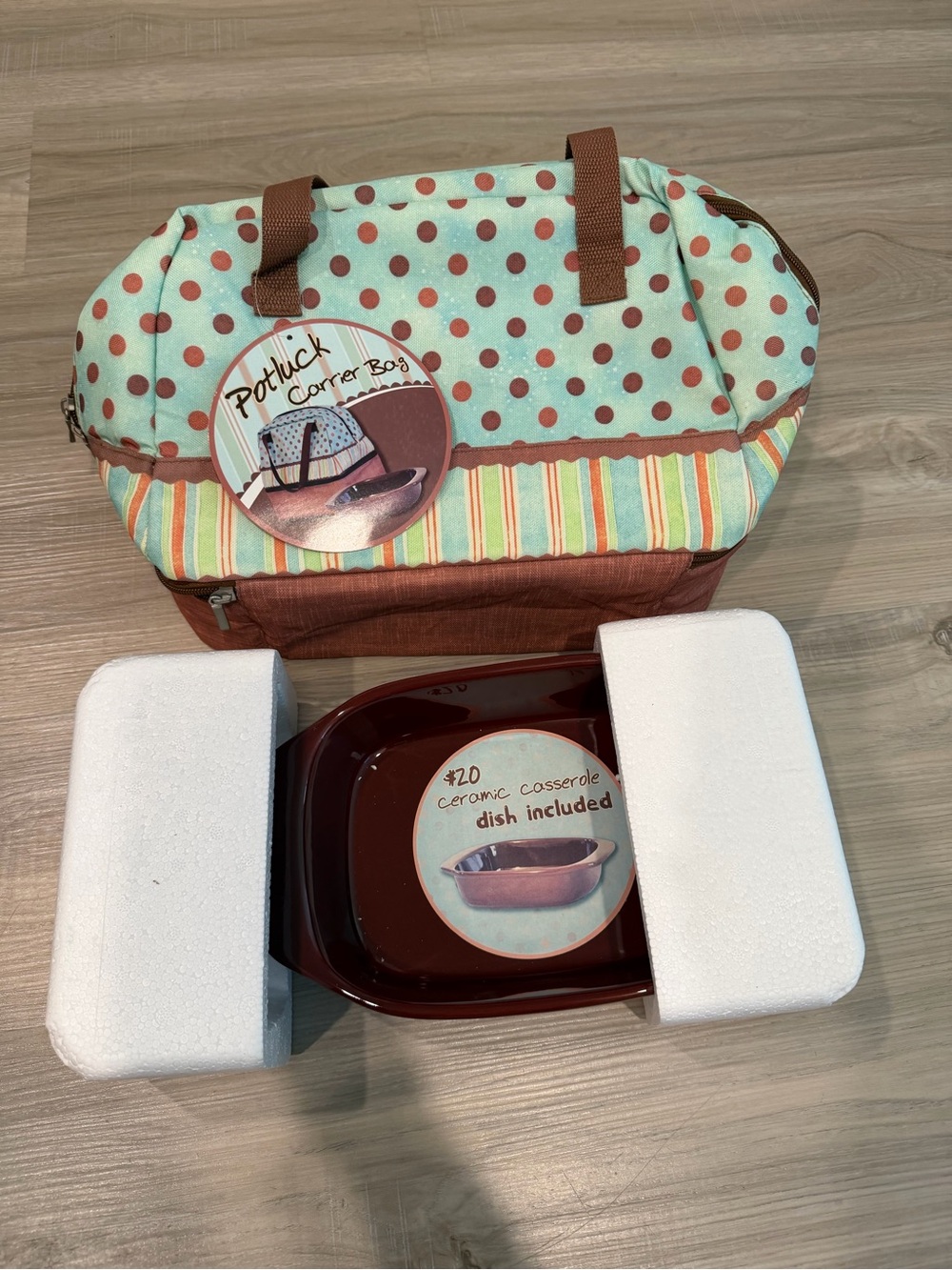 Potluck Carrier Bag with Brown and Aqua Polka Dot Design and Dish